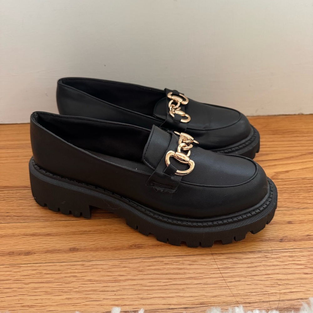 Black Chunky Loafers with Gold Chain